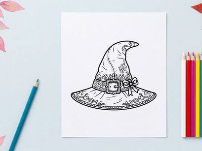 Ilustrasi topi penyihir bergaya tangan untuk proyek desain Halloween. Topi penyihir runcing bergaya vintage dengan detail renda dan pita.