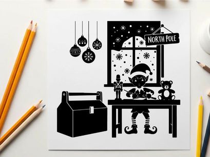 Christmas silhouette of elf by window with teddy bear