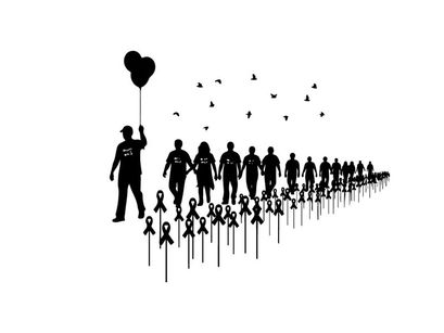 Silhouette of a crowd with a man holding a heart shaped balloon
