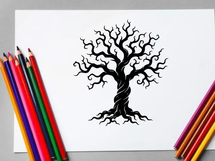 Black silhouette of a leafless, twisted tree with gnarled branches