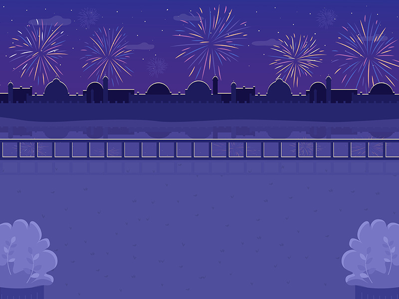 Nighttime fireworks flat color vector illustration