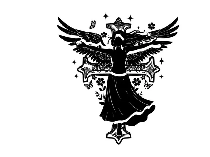 Silhouette of angel with wings and crosses silhouette