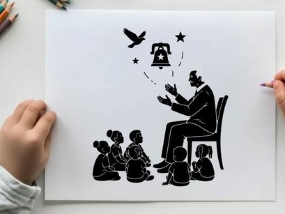 Silhouette of a man telling stories to children with a silhouette
