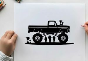 Large silhouette of a lifted truck with people underneath