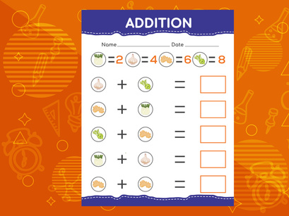 Addition with different fruits for kids. An educational worksheet for kids. Vector design