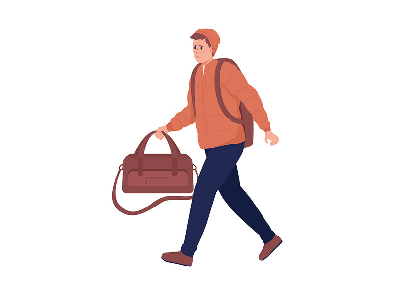 Male refugee with luggage running away from war flat color vector character