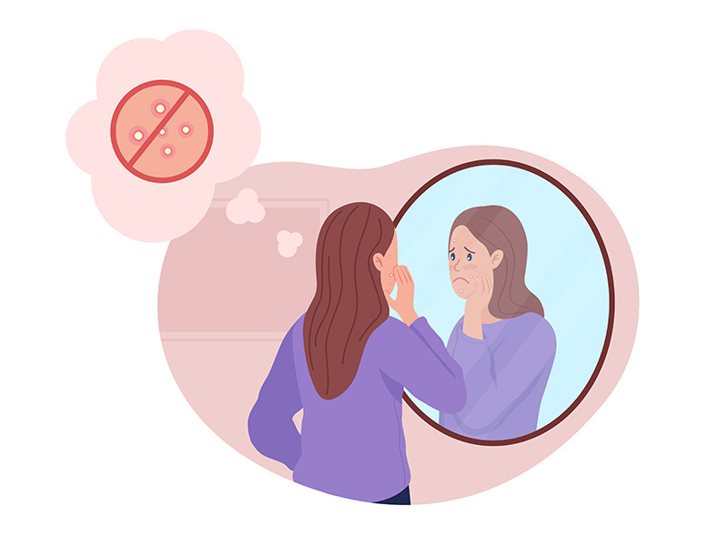 Teenage girl upset over acne 2D vector isolated illustration
