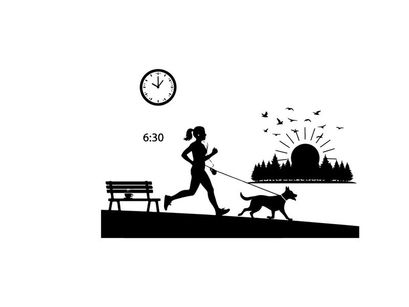 Silhouette of woman jogging with dog at sunrise