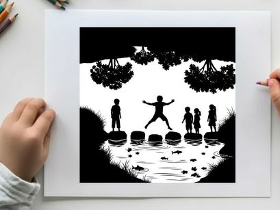 Children playing on stepping stones in silhouette