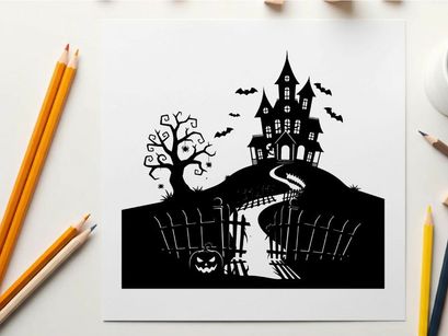 Spooky silhouette of haunted house on hill with moon