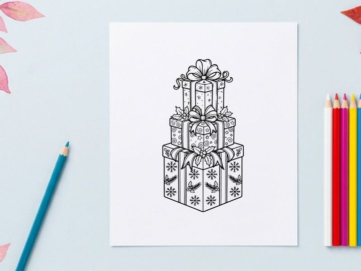Stack of Christmas gift boxes with bows, holiday present coloring page illustration