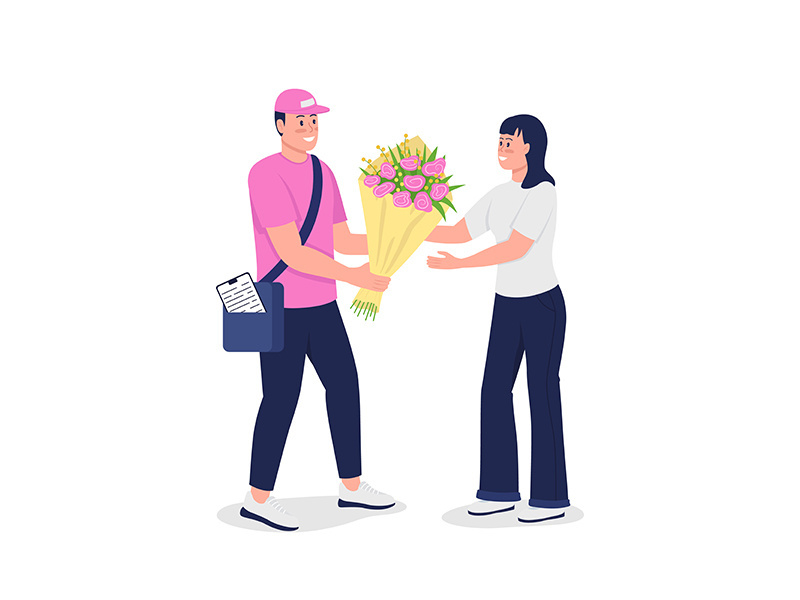 Happy delivery man give woman bouquet flat color vector detailed characters