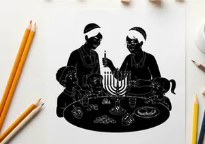 Silhouette of two women lighting menorah with traditional jewish dinner