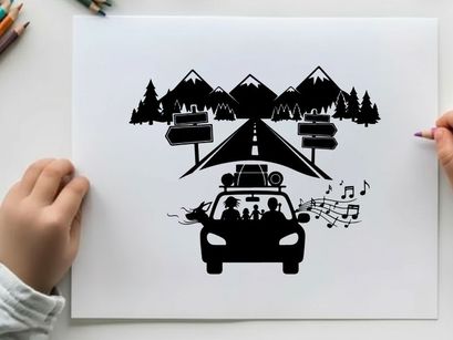 Family road trip adventure silhouette to mountains and forest