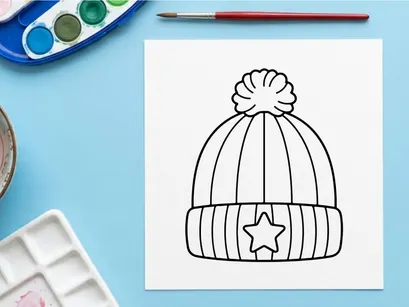 Topi beanie musim dingin dengan ikon bintang, ilustrasi vektor seni garis hitam putih sederhana.