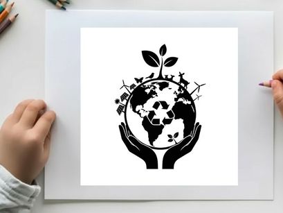 Eco friendly silhouette of the earth with hands and green leaves