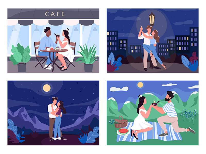 Romantic activity flat color vector illustration set
