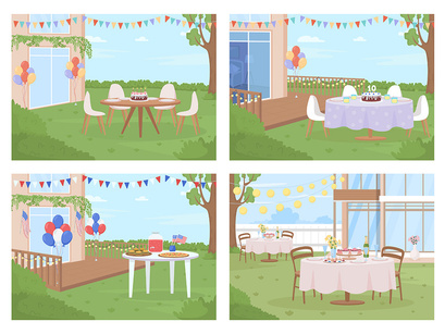 Backyard party arrangement color vector illustration set