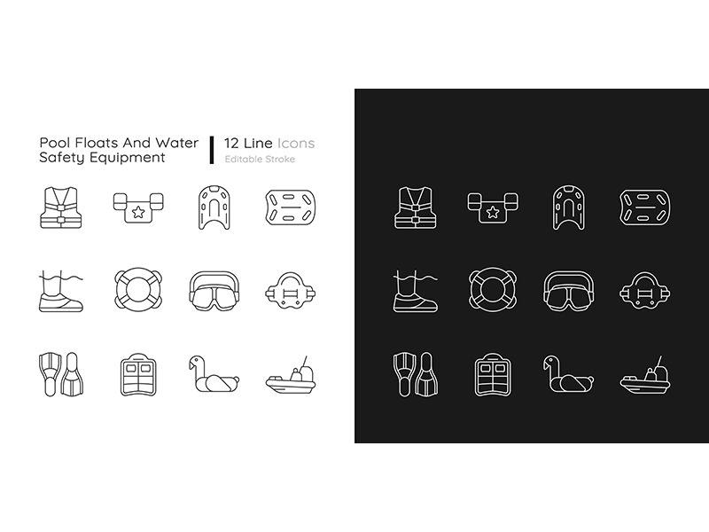 Pool floats and water safety equipment linear icons set for dark and light mode