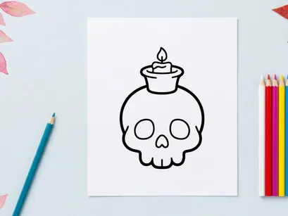 Hand-drawn Halloween skull with lit candle. Spooky cartoon cranium symbolizing Day of the Dead celebration.