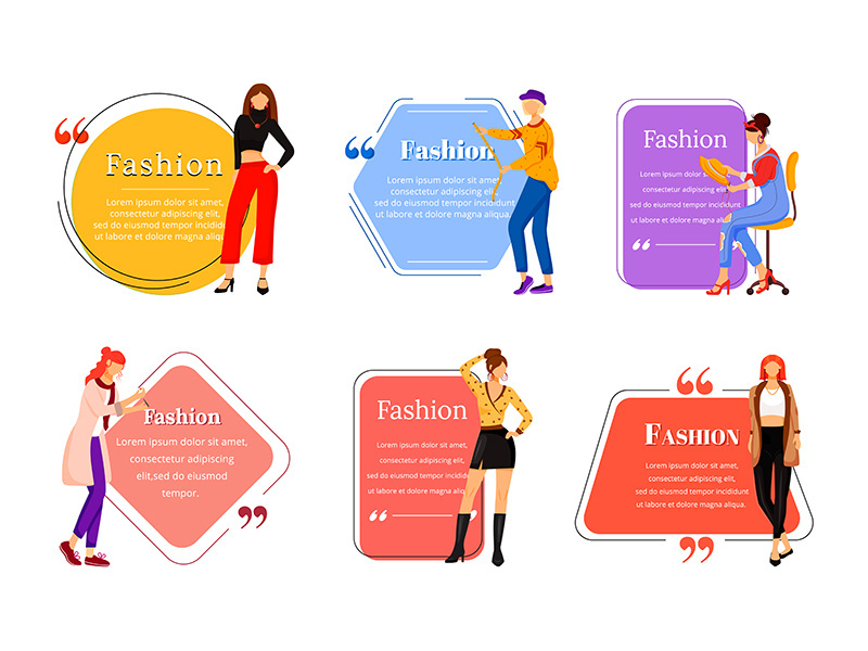 Fashion designer flat color vector character quote set