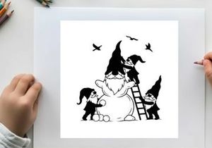Gnomes building a snowman silhouette in winter wonderland scene