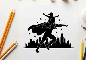 Superhero silhouette flying over cityscape with cape and stars
