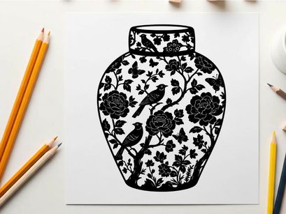 Silhouette of a decorative vase with floral pattern and birds