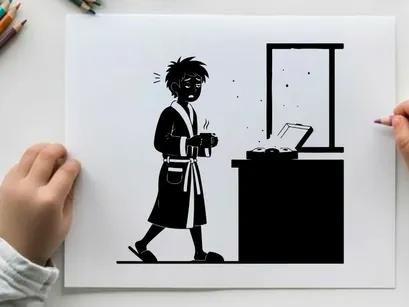 Silhouette of a boy walking past a desk with a laptop