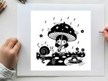 Little girl with silhouette under a spotted mushroom umbrella on a rainy day