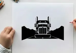Semi truck silhouette on open road with mountains