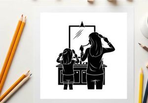 Mother and daughter getting ready in front of mirror silhouette