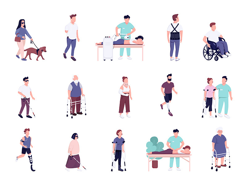 Injured people with disability activities flat color vector faceless characters set