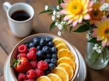 A bowl of fruit, coffee, and flowers presents a vibrant breakfast.