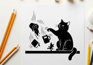 Mischievous silhouette cat causing chaos with spilled objects