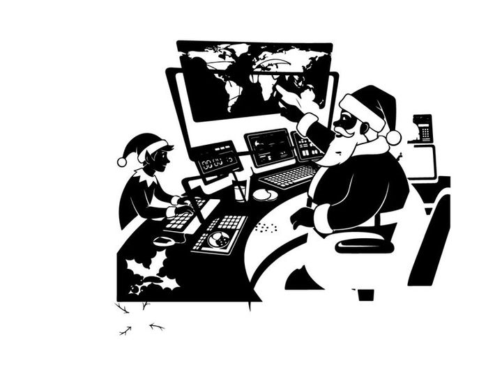 Santa and elf in cyber attack silhouette operation