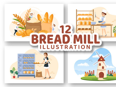 12 Bread Mill Vector Illustration