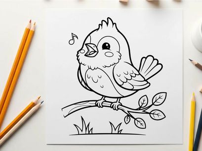 Cute singing bird on branch vector illustration