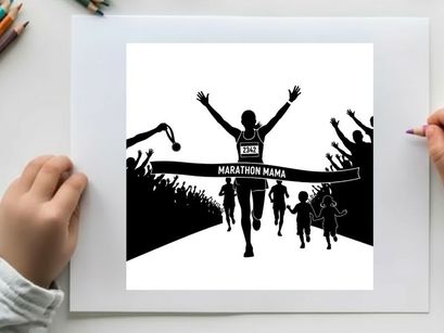 Marathon runner silhouette crossing finish line with cheering crowd silhouette