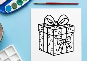 Christmas gift box with polka dot pattern and ribbon bow line art illustration