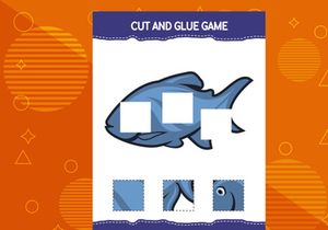 10 Pages Cut and glue game for kids with fish. Cutting practice for preschoolers. Education worksheet.