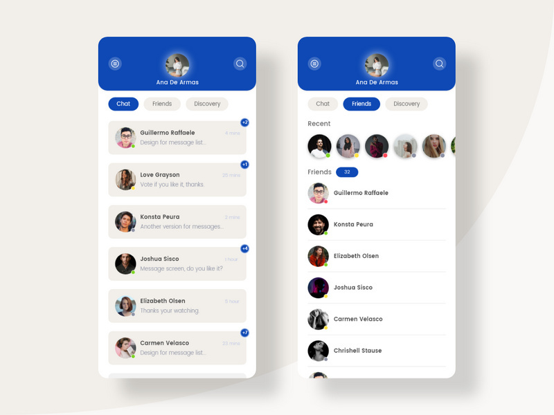 Chat and Friends screens for Social app