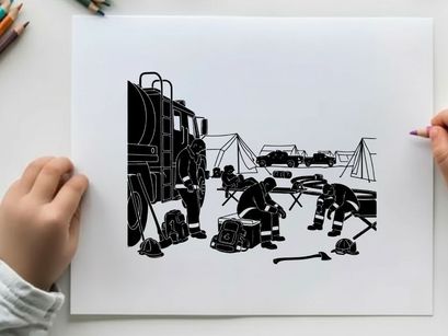 Firefighters in silhouette preparing for action at a fire scene