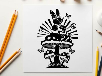 Whimsical silhouette of a bunny on a mushroom with butterflies