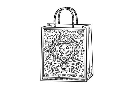 Sacola de compras de papel de Halloween com design assustador. Bolsa de doces estilo vintage com abóbora e letras góticas para decoração festiva...