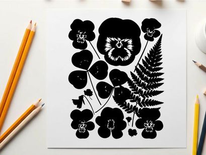 Silhouette of flowers and a lion's head with fern