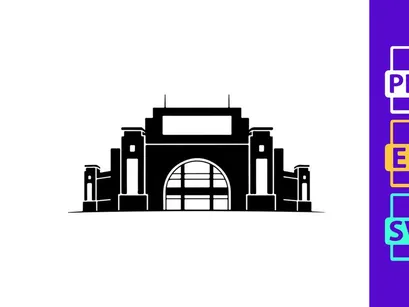 A black and white illustration of a large building with an arched entrance gate