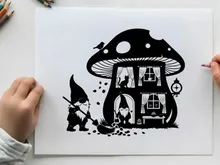 Whimsical silhouette of a gnome near a fantastical mushroom house