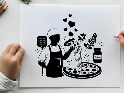 Silhouette of a chef making pizza with love and herbs