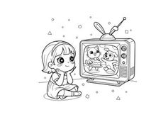 Girl watching cartoon cat and dog on tv vector illustration